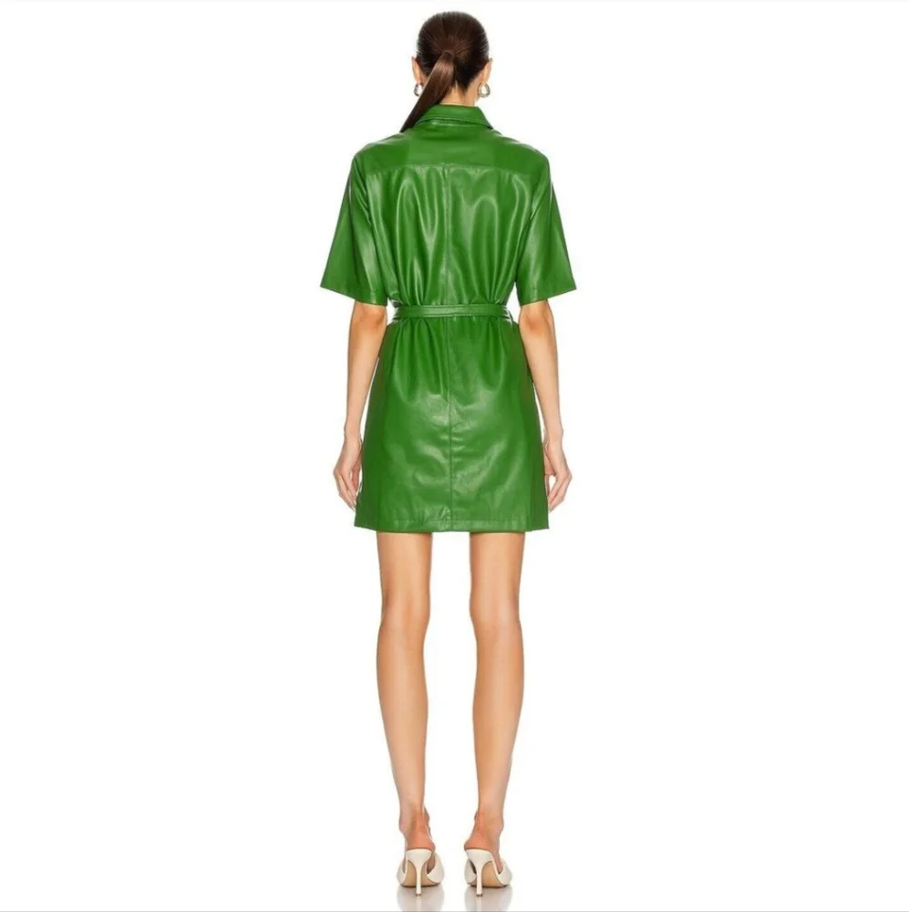 STAUD Dress Womens XS Blaze Belted Faux Leather Green Mini Shirt Dress Dopamine - Picture 5 of 9